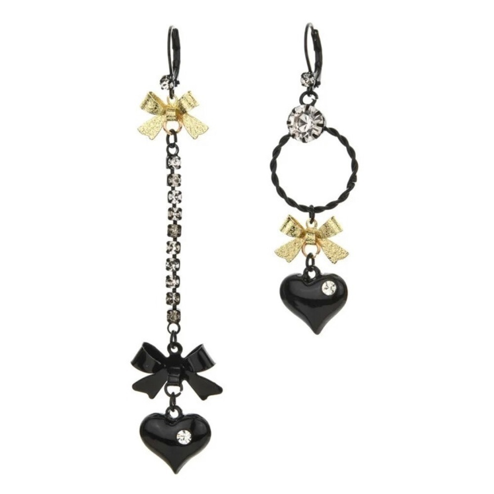 🤑2 for $35🤑 Enameled Black Hearts And Bows Mismatch Dangle Earrings